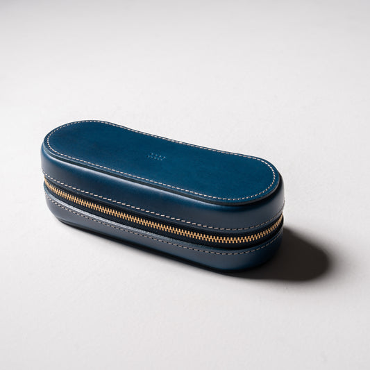 【革の宝箱】大切な眼鏡を守る、凛としたフォルム。イタリア革の立体メガネケース ＜ブルー＞